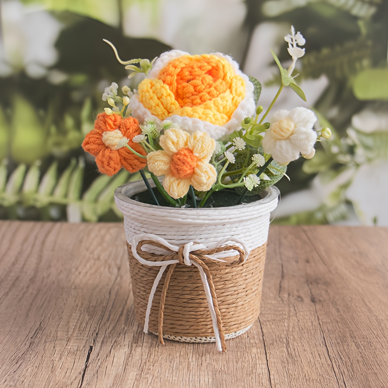 Handgefertigte gestrickte Rosen-Sonnenblumen-Topfpflanze, Schreibtischdeko,  unvergngliche knstliche Blume, Geschenke zum Geburtstag, Muttertag,  Vatertag, Freunden, Abschluss