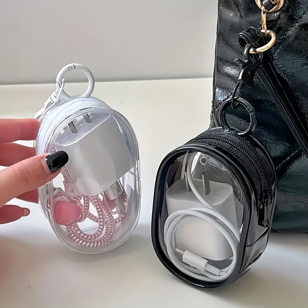 

2pcs Pvc Portable Mini Clear Zipper Storage Bag, Compact Multifunctional Organizer, Earphone And Charger Case With Keychain Loop, Portable Transparent Travel Accessory