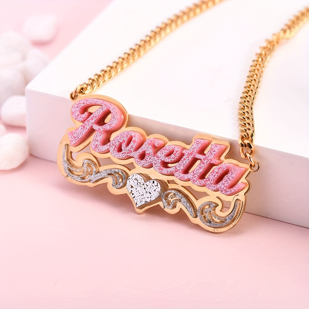

Personalized Acrylic Glitter Name Pendant Necklace With Heart Charm - Graduation, Wedding, Or Any Special