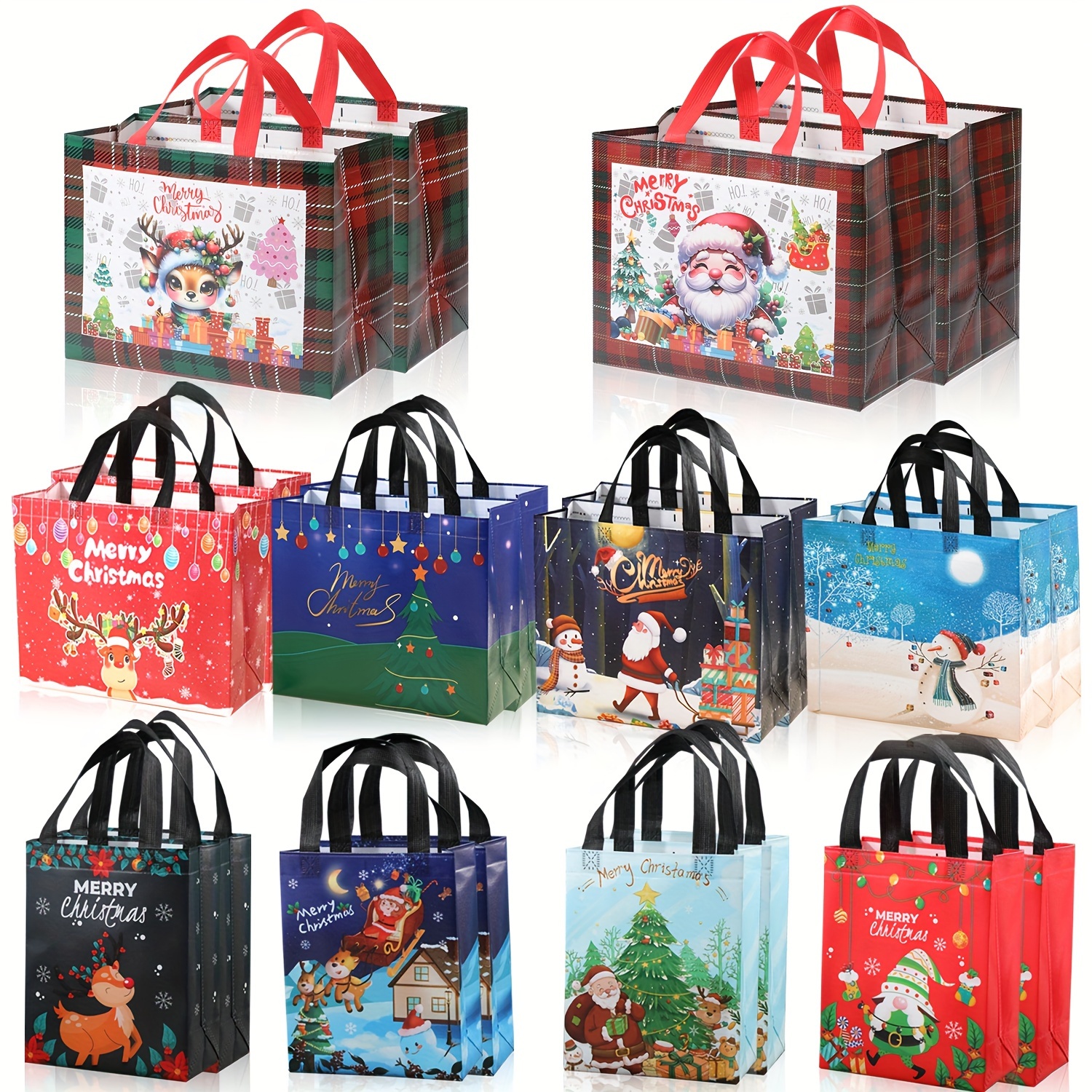 Image of 20pcs Christmas Gift Bags Assorted Sizes, Reusable Tote Bags With Handle, Includes 4 Large 8 Medium 8 Small Non-woven Christmas Bags For Party Favors