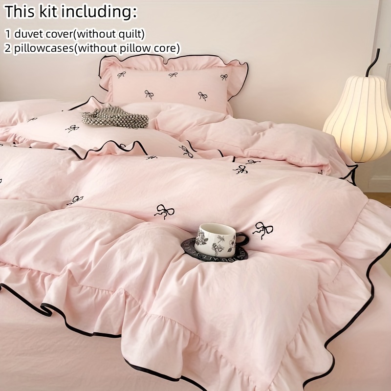Cute Bow Embroidered Bedding 3pcs Set Embroidered Lace Duvet Cover And Pillowcases (inner Not Included)