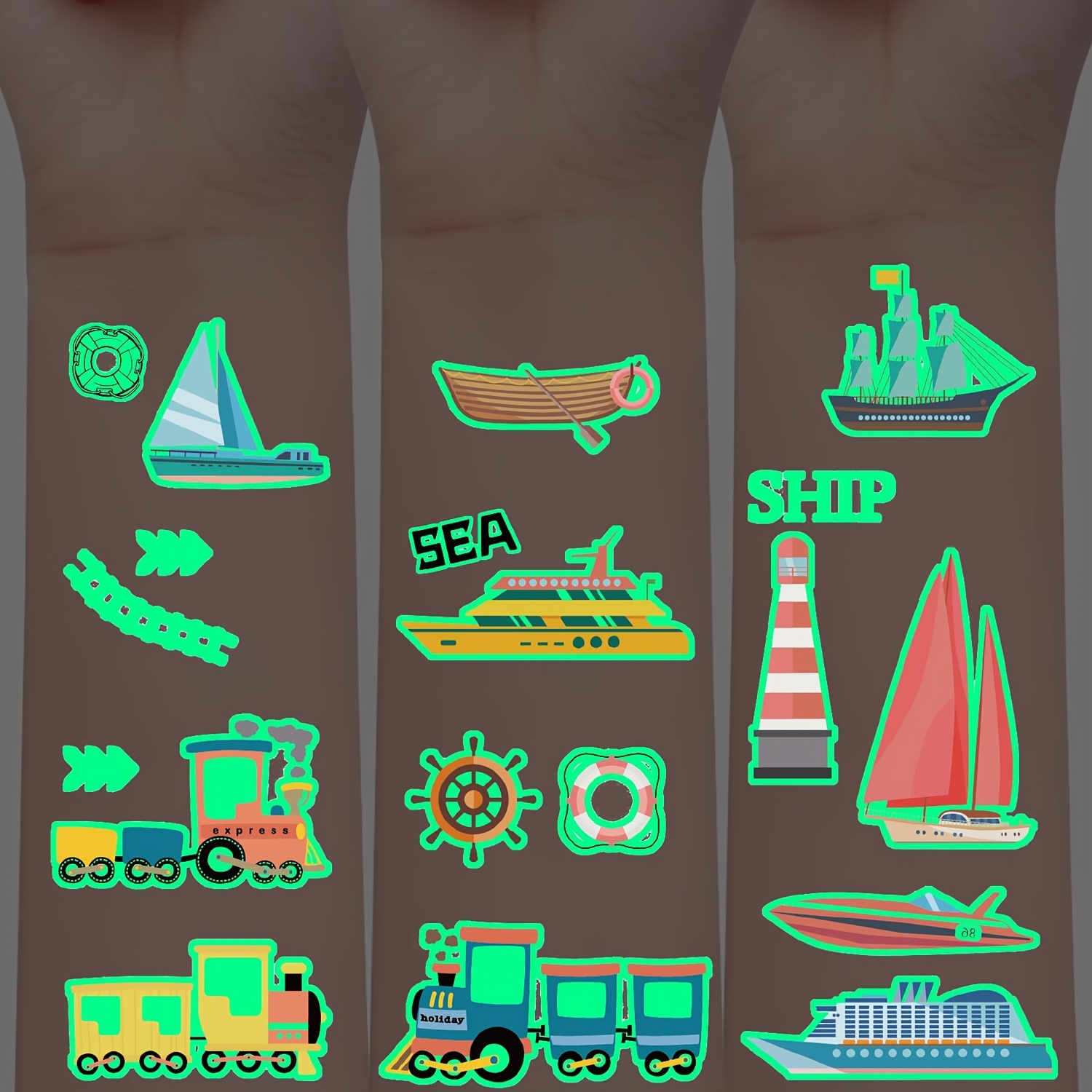 

Glow-in-the-dark Temporary Tattoos, 10 Sheets Assorted Train, Sailboat, Cruise Ship, Speedboat Designs, Cartoon Fun Stickers, Waterproof Body Arm Art Tattoos, Lasts 2-5 Days, Other Shapes