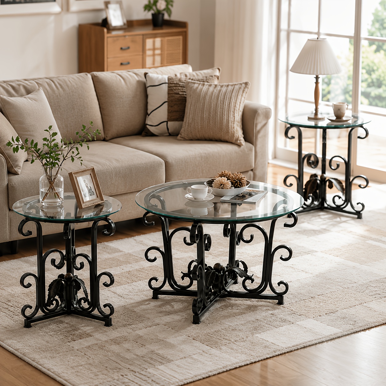 3pcs Round Glass Coffee Table Set, Tempered Glass Top with Black Metal Frame, Modern Living Room Furniture Set with 1 Coffee Table & 2 End Tables for Apartment Small Spaces