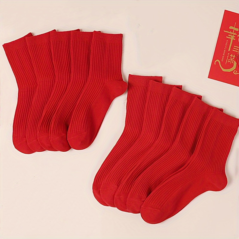 

10 Pairs Red Mid-calf Socks - Comfortable, Breathable, Soft Ribbed Knit For Fall & Winter, Casual Wear, Polyester , Cute Socks