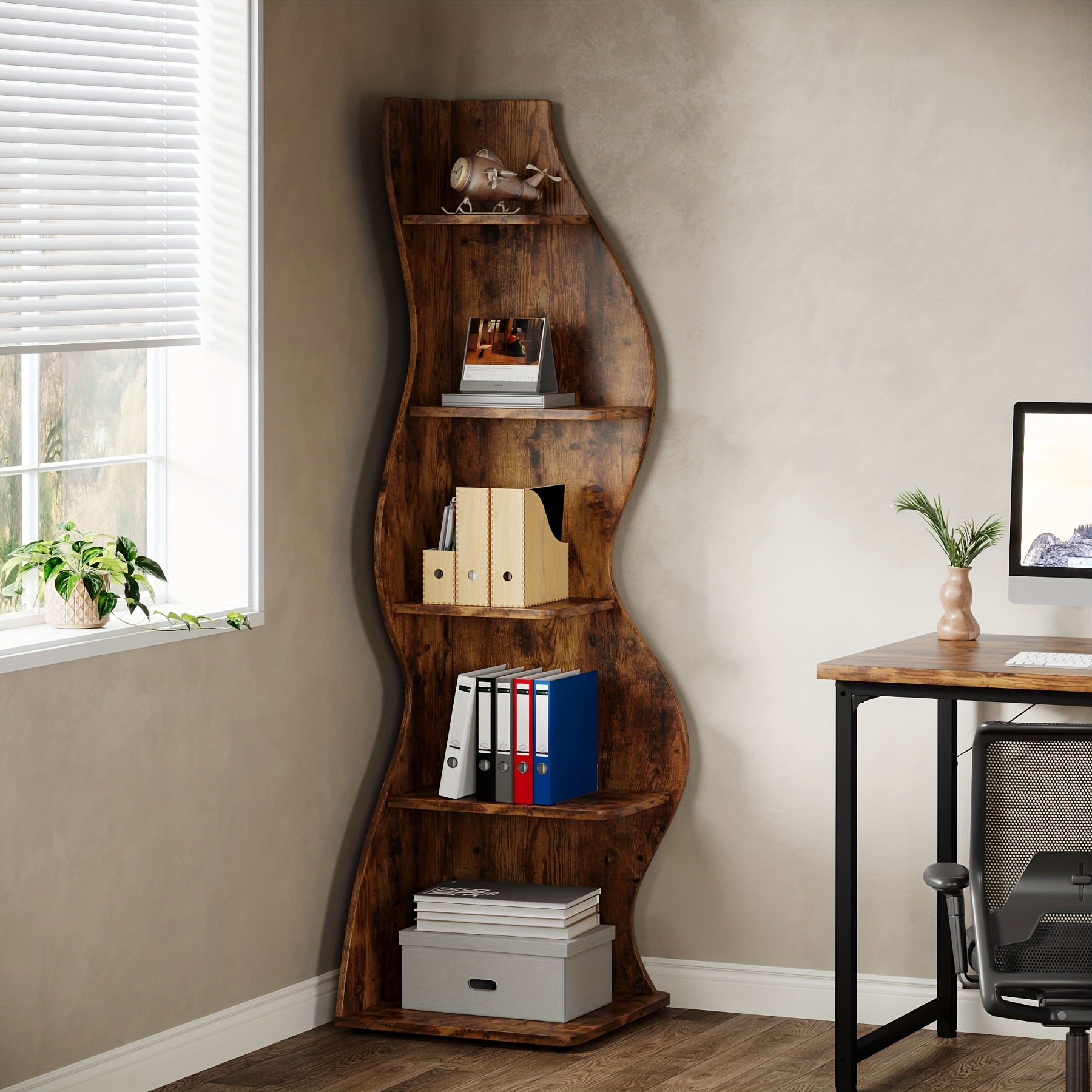 E-shop Eckregal, rustikales 5-stöckiges Eck-Bücherregal für die Wand, stilvolles kleines Eck-Bücherregal zur Aufbewahrung mit einzigartiger Form für