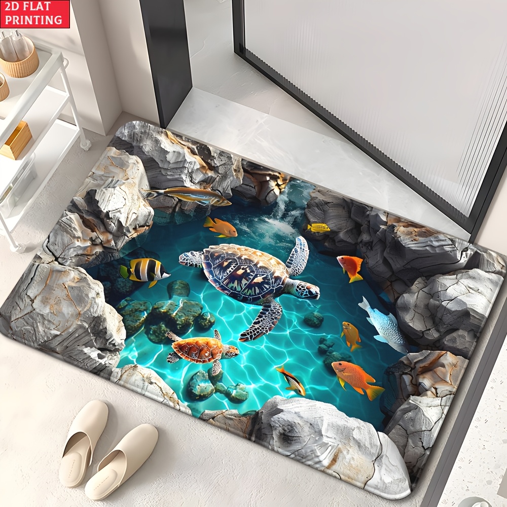 TEMU 2d Flat 1pc Turtles In The Illusion Pond Door Mat, Outdoor Mat, Outdoor Mat, Non-slip Bathroom Floor Mat, Microfiber Absorbent Machine Washable