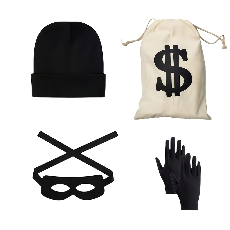TEMU New Heist Costume Set For Women, Including Canvas Bag, Gloves, Blindfold, And Hat. Suitable For Parties, Cosplay, And Carnivals; Unisex And