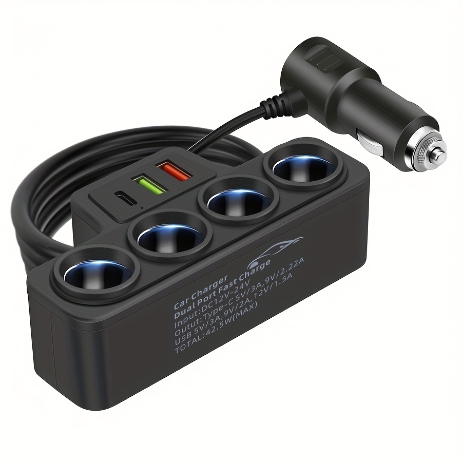 TEMU Gyioeupt 7-in-1 Car Charger Extendable To Rear Seats Features Type-c And Dual Usb Ports 4 Expansion Ports Wide Compatibility, Without Battery
