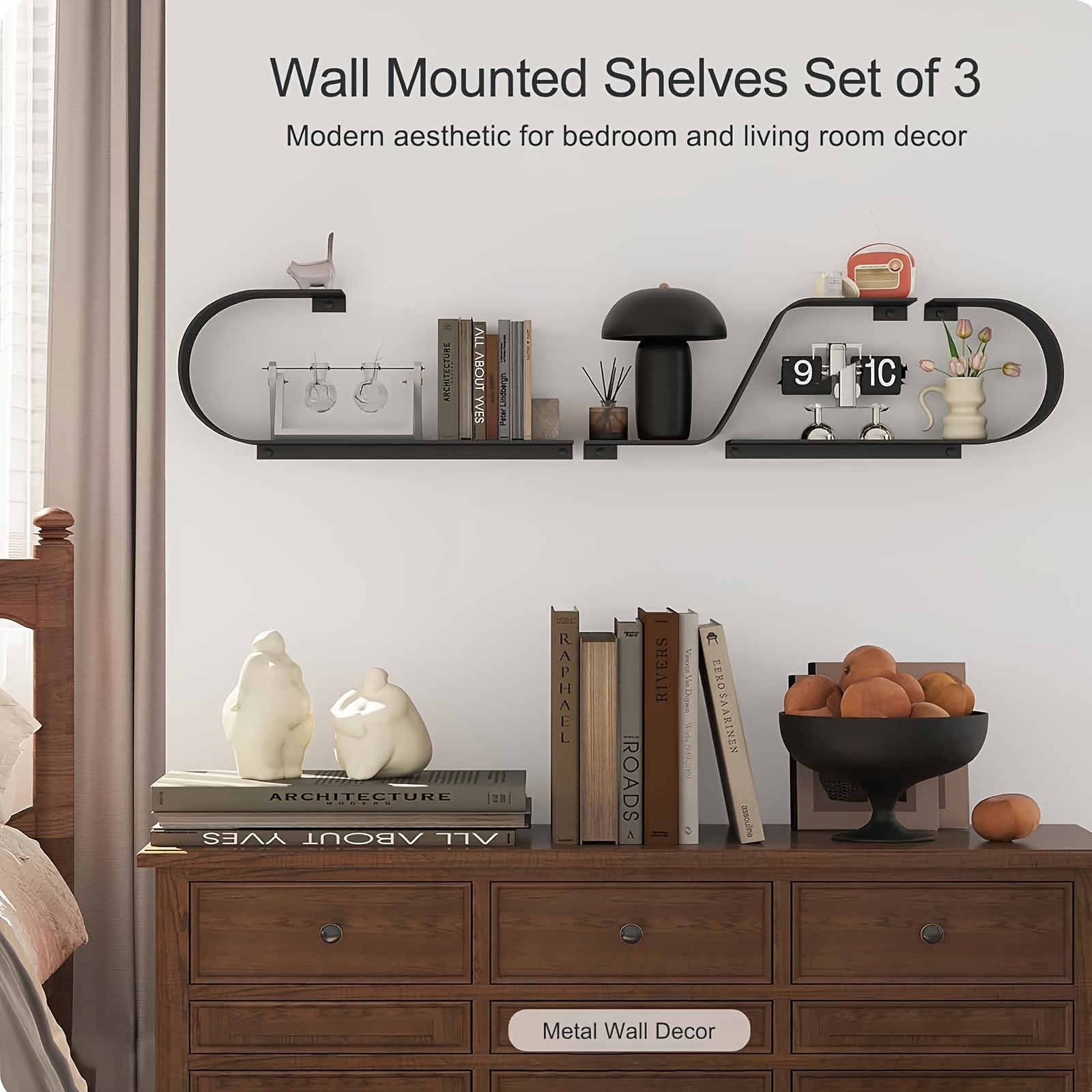 Black Floating Shelves Set of 3, Black Metal Decor, Unique Mounted Floating Shelf, Modern Long Wall Shelf, Large Wall Shelves for Bedroom, Bathroom, Living Room