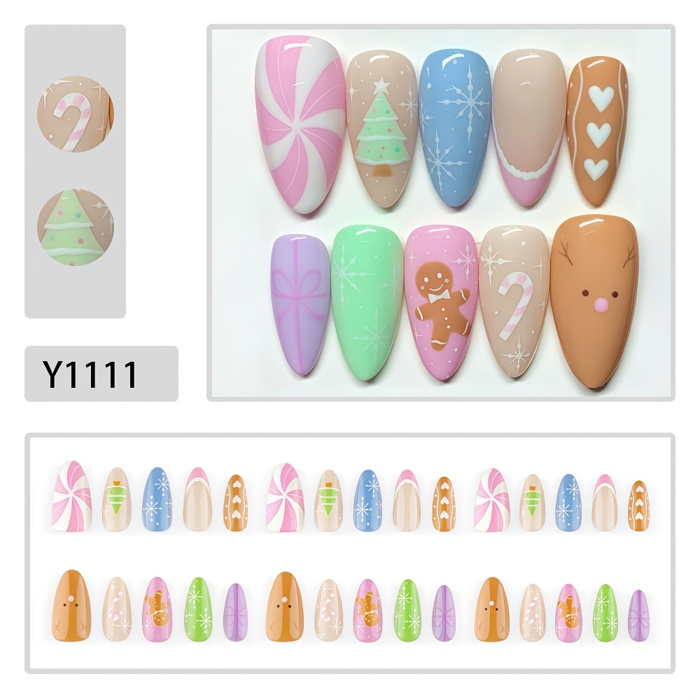 TEMU 30pcs Medium-sized Almond-shaped Decorative Nails. Dopamine Fun Candies Gingerbread Man Christmas Tree Christmas Fake Nails. Cartoon Nails.
