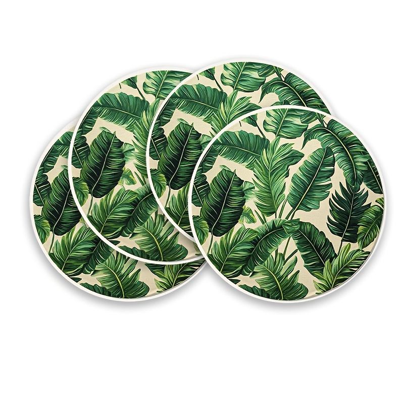 Set van 4 ronde placemats, groene tropische bladeren 38,1 x 38,1 cm, antislip, machinewasbaar, duurzaam en gemakkelijk schoon te maken, perfect voor huisdecoratie, dagelijks gebruik, feestelijke bijeenkomsten, seizoensgebonden servies, feestelijke eettafel_YCD0318021