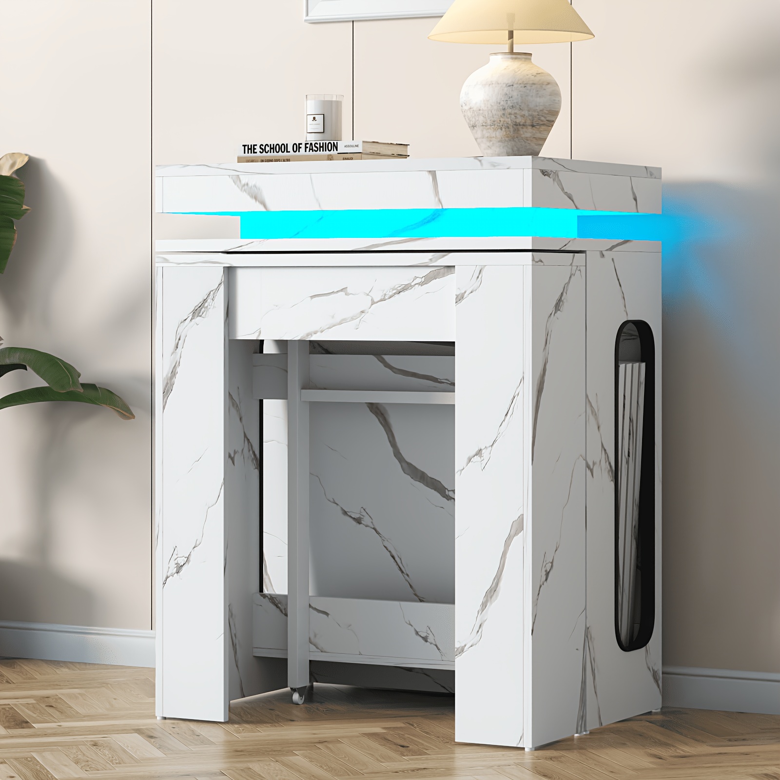 Extendable Dining Room Table with Charging Station & LED Lights, White Faux Marble Table, 19.7