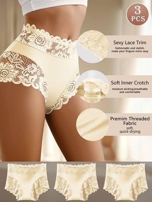 3 pack solid color high waisted lace splicing womens underwear elegant design elastic fabric essential large size panties for daily wear