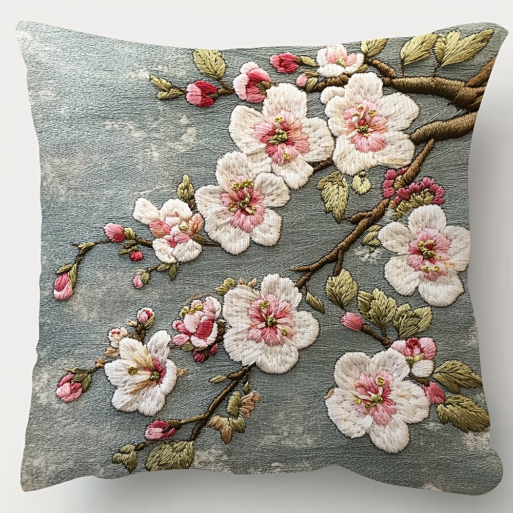 

1pc Vintage Cherry Blossom Embroidered Throw Pillow Cover, 18x18 Inch, Short Plush Polyester, Woven, With Hand Wash Only, For Decor (cover Only, No Insert)