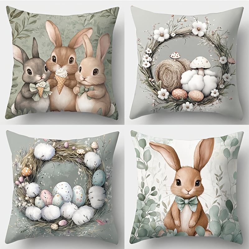 

Lot de 4 Housses de Coussin Thème Pâques avec Lapin, Douces en Polyester à Fermeture Éclair pour Décoration de Canapé de Salon, 17.7" x 17.7" - Lavables en Machine, Rembourrage