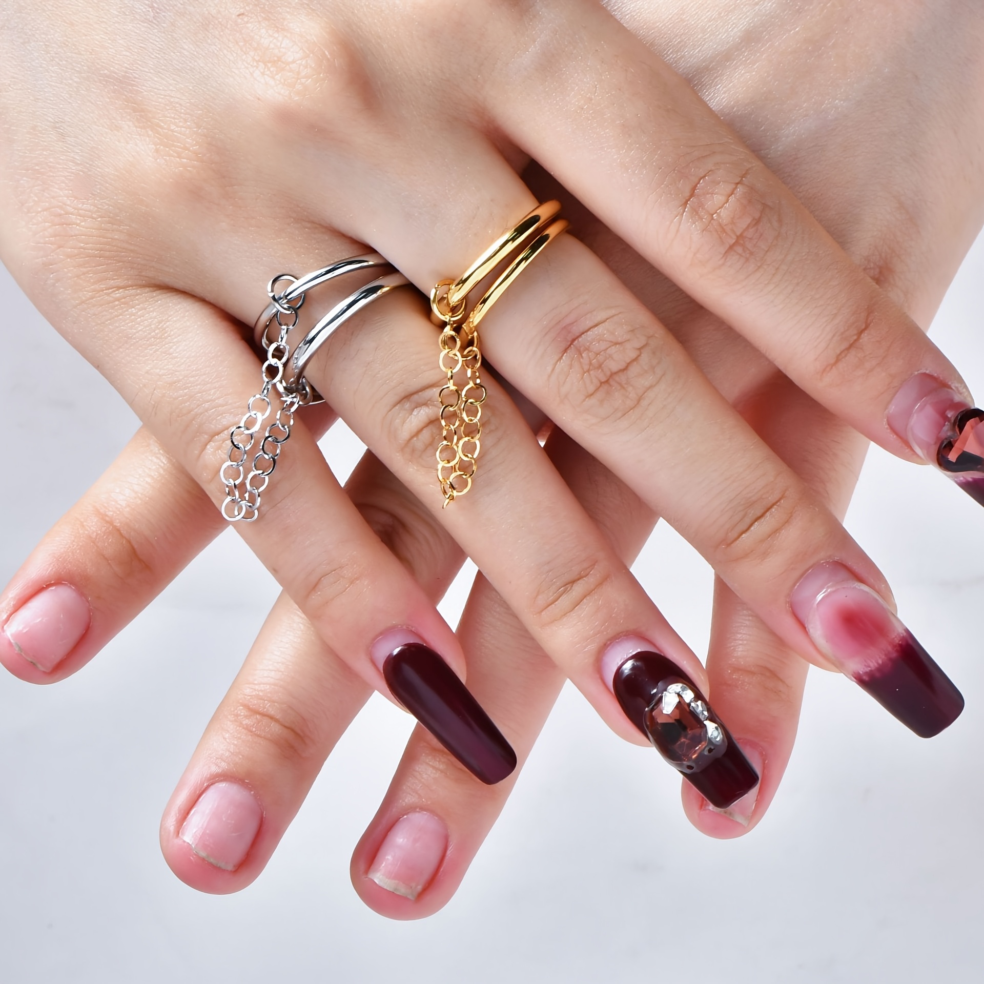 3 Stackable Rings Double Hoop & Chain Stainless Steel Bohemian Jewelry
