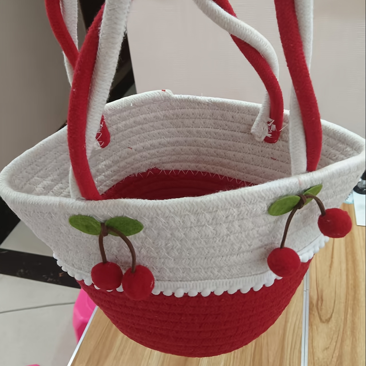 TEMU A Storage Basket Made Of Rope, With Cherries - Featuring Red And White Striped Handles, Decorative Cherries, Ideal For Wedding Presents, Gift