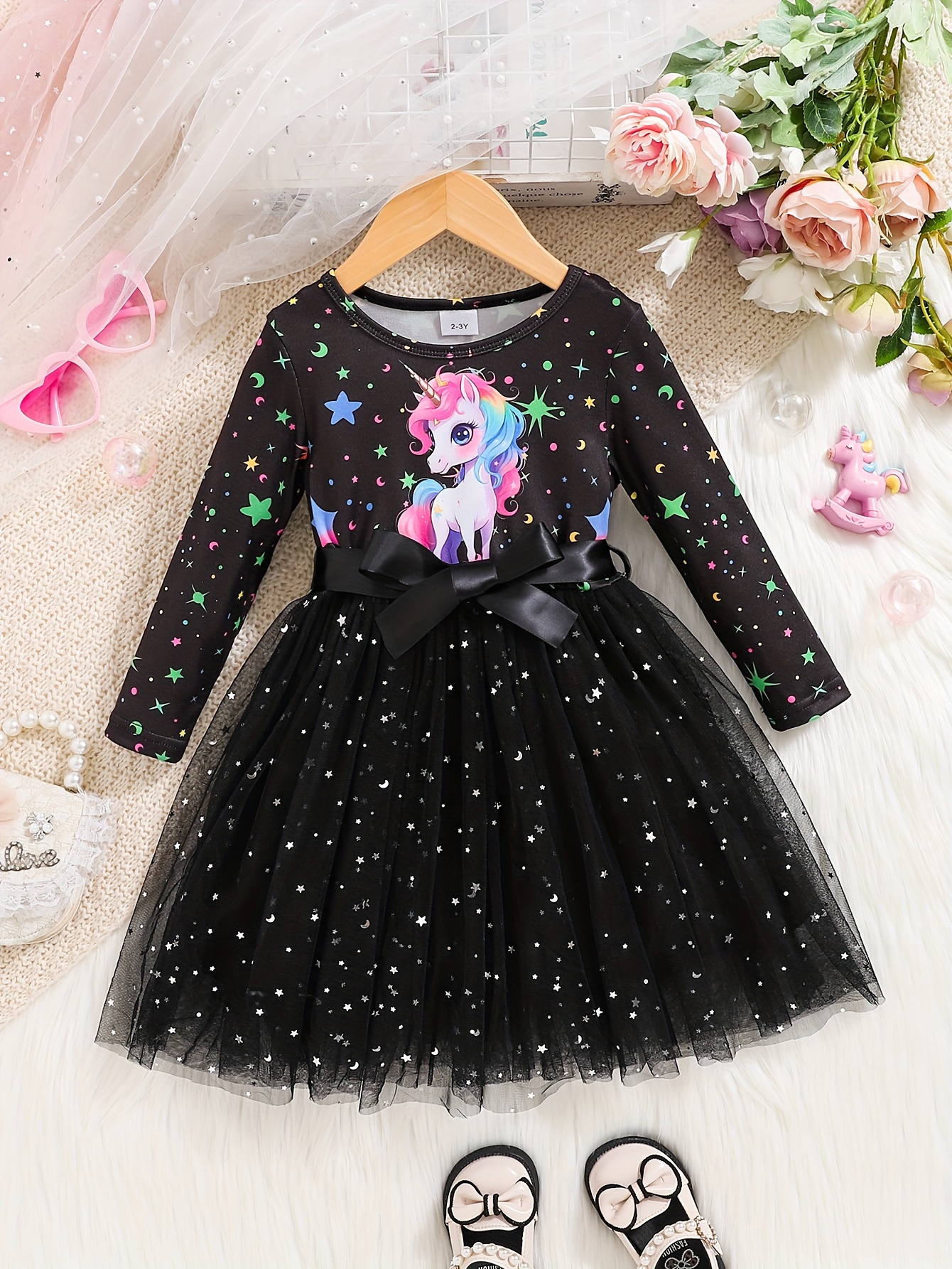 knee length dresses for ladies Magical Unicorns Bamboo Girls’ Long Sleeve Twirl Dress 2T main image 1