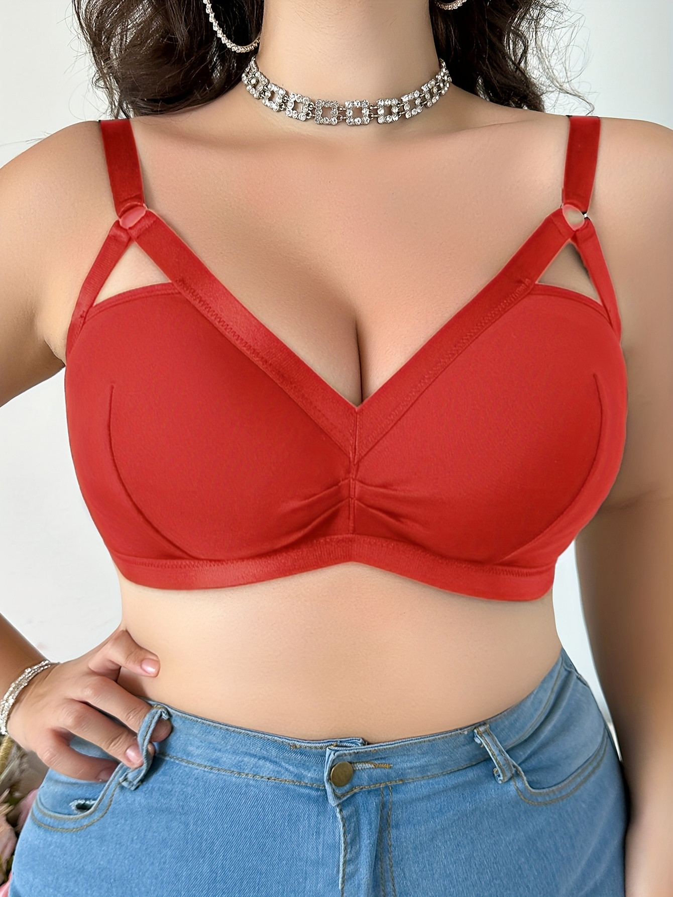 Women's Plus Size Sexy Cut-Out V-Neck Bra - Soft Pink No Underwire Wire-Free Comfort, Breathable Polyester/Elastane Blend, Hand Wash Only Elegant Special Collection
