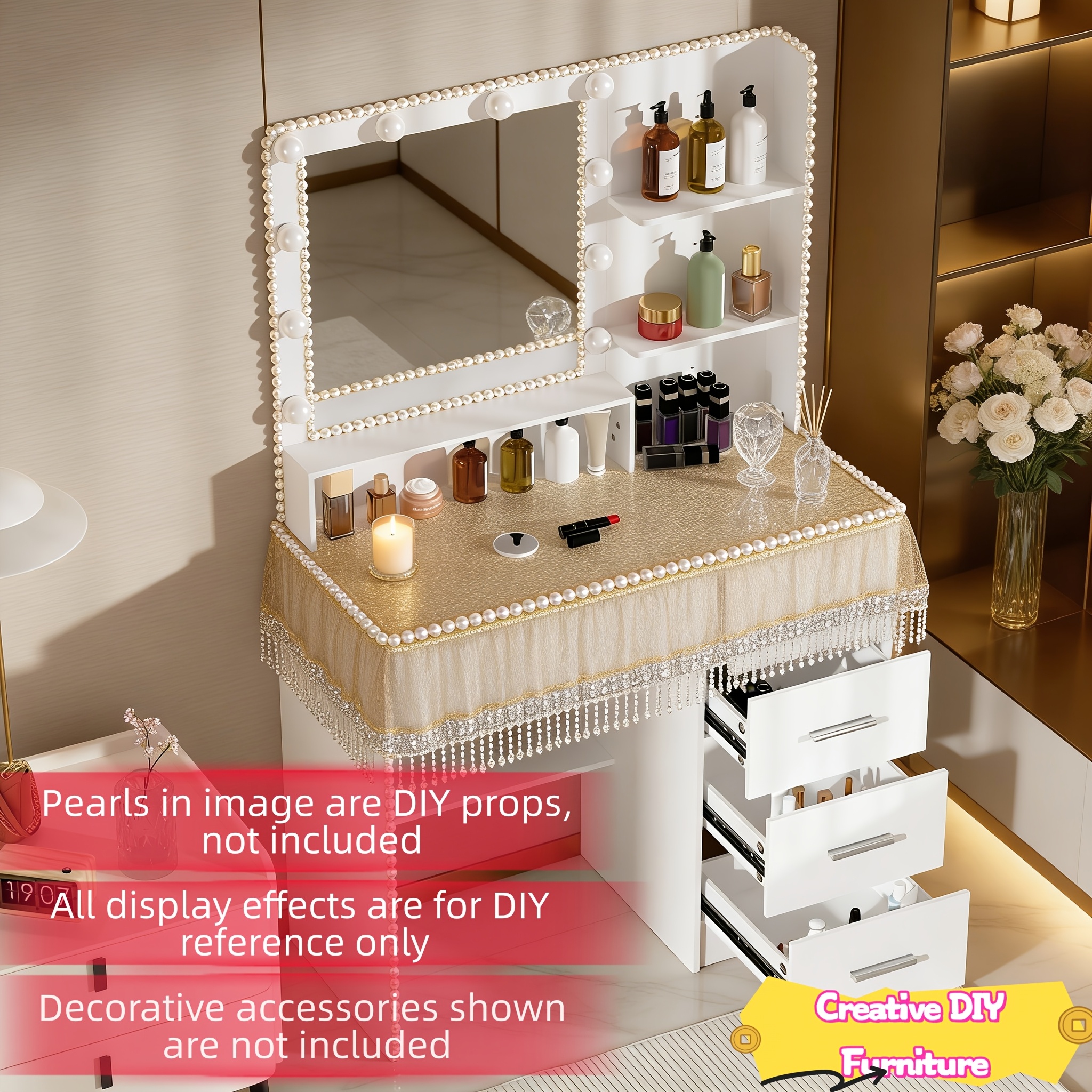 Premium Solid Wood Modern Ladies' Vanity Table with LED Mirror