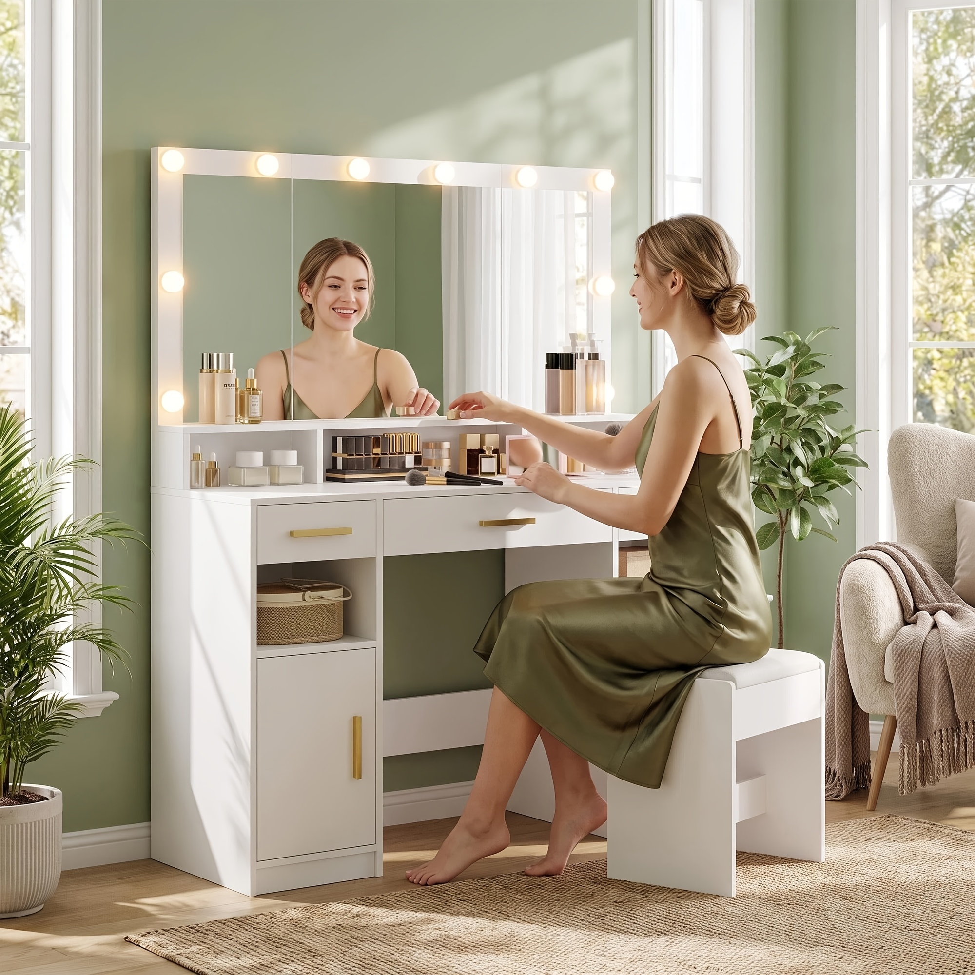 TEMU Coiffeuse blanche à miroirs , avec rangement multi-compartiments de grande , et une de chambre blanc-doré.