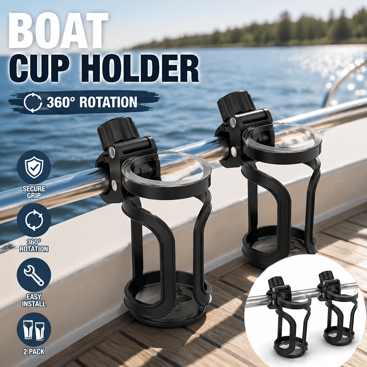 TEMU 2pcs Heavy-duty Boat Rail Cup Holders, Installation With 360° Rotatable Brackets & Non-slip Drink Holders, Marine Suitable For Yachts, Fishing