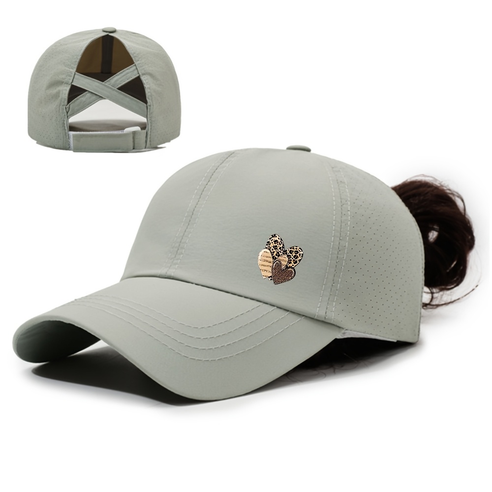 TEMU Summer New Cross Mesh Ponytail Baseball Cap For Women, Lightweight, Casual, Quick Drying, Breathable Sun Hat With Heart Print