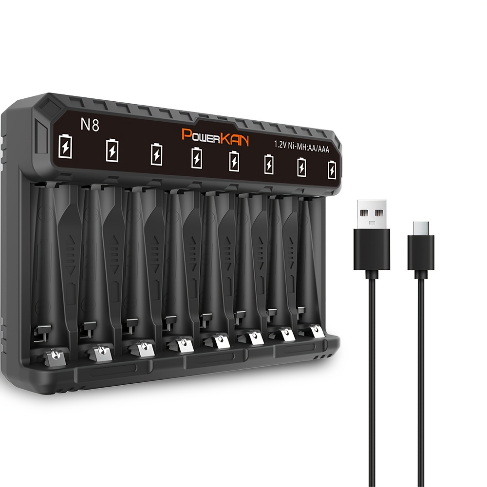 E-shop POWERKAN Ni-Mh Akku Ladegerät, 8 Slots Unabhängiges Laden, Universelles USB, Geeignet für 1.2V NiMH AA AAA Akku Aufladen, Intelligente