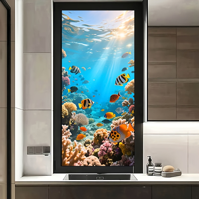 TEMU Autocollant pour fenêtre dépoli à motif monde de corallien sous-marin 2D plat, 1 pièce, pour porte en verre, effet , PVC amovible, décoration