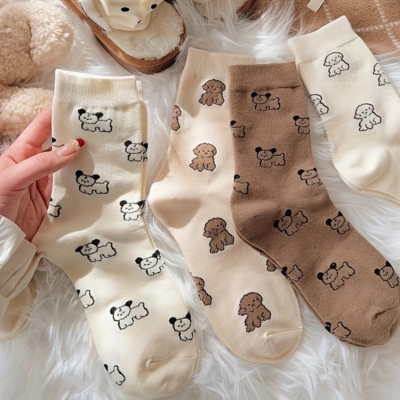 

5 Pairs Cartoon Puppy Print Socks, Cute College Style Mid Tube Socks For Fall & Winter, Women's Stockings & Hosiery