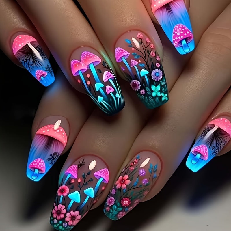 TEMU 30pcs Press-on Nails - Whimsical Mushroom & , To Pink Gradient Glossy Long Stiletto Fake Nails For Women, Cartoon Theme, Mushroom Nail Art, Designs, Highquality Pressons