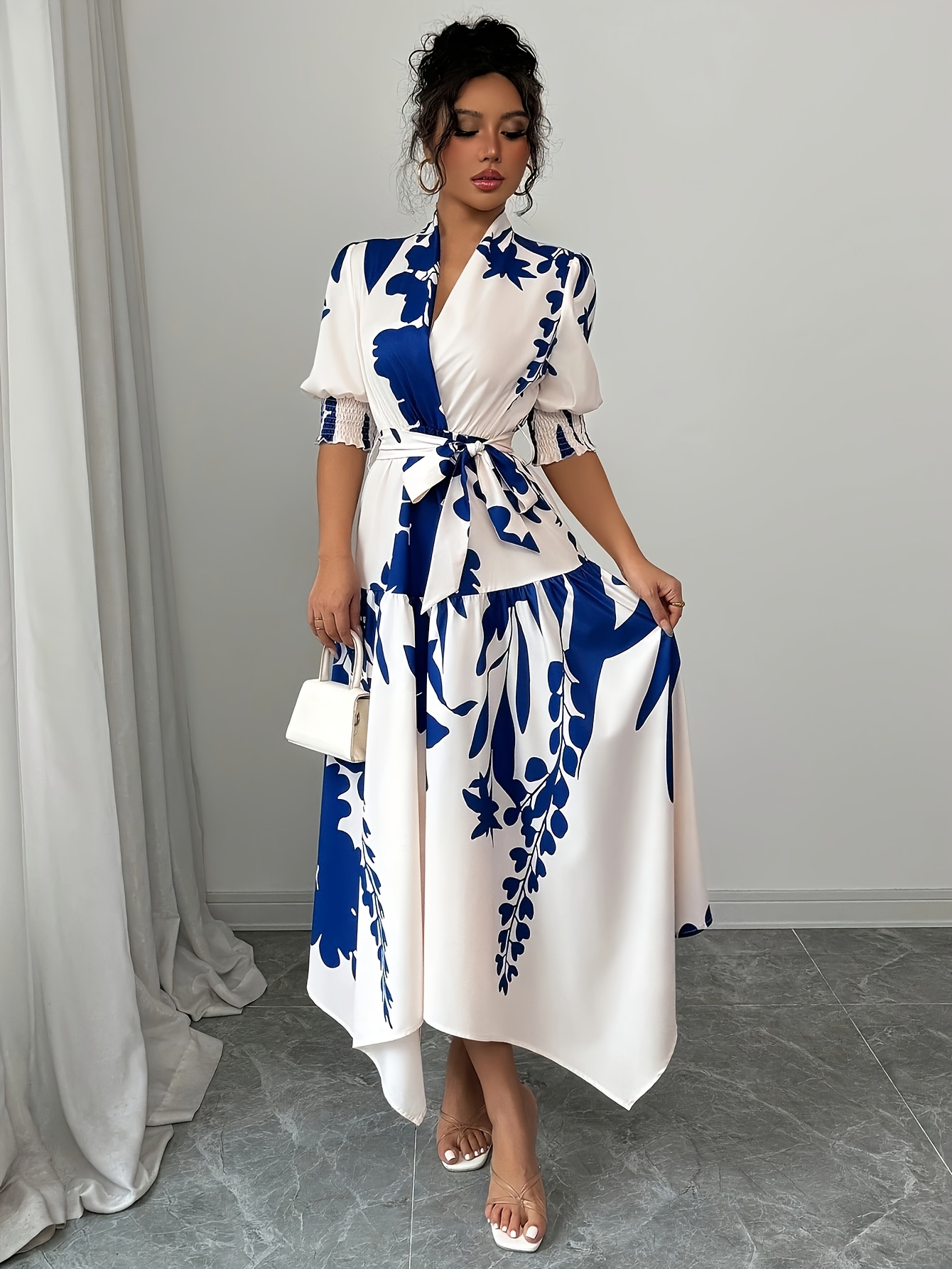 womens elegant floral print wrap dress v neck cross detail - Temu Mexico