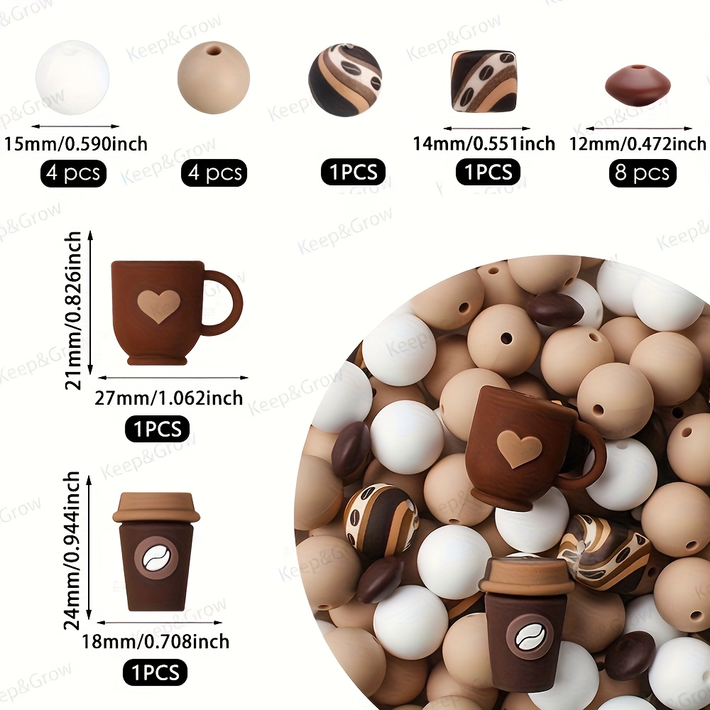 E-shop 20-teiliges Set Kaffeethema-Silikonperlen, 3D-Kaffeetasse-Lebensfokus-Perlen, quadratische Perlen mit Kaffeedruck, für dekorative Accessoires,