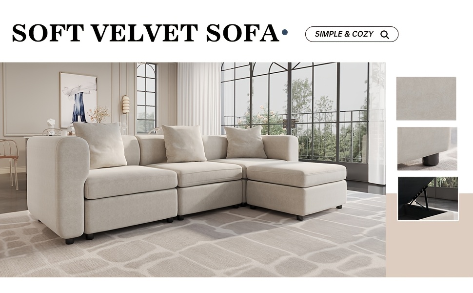 Fabric Sofa, Velvet Sectional Sofa, 2-Seat Sofa For Living Room, L-Shaped Sofa, Convertible Sofa With Cushions, Modern Simplicity Loveseat Sofa, Removable Sofa Cover Space Spring Cushions And Solid Wood Frame, Easy To Install, Apartment, Home, Guyii