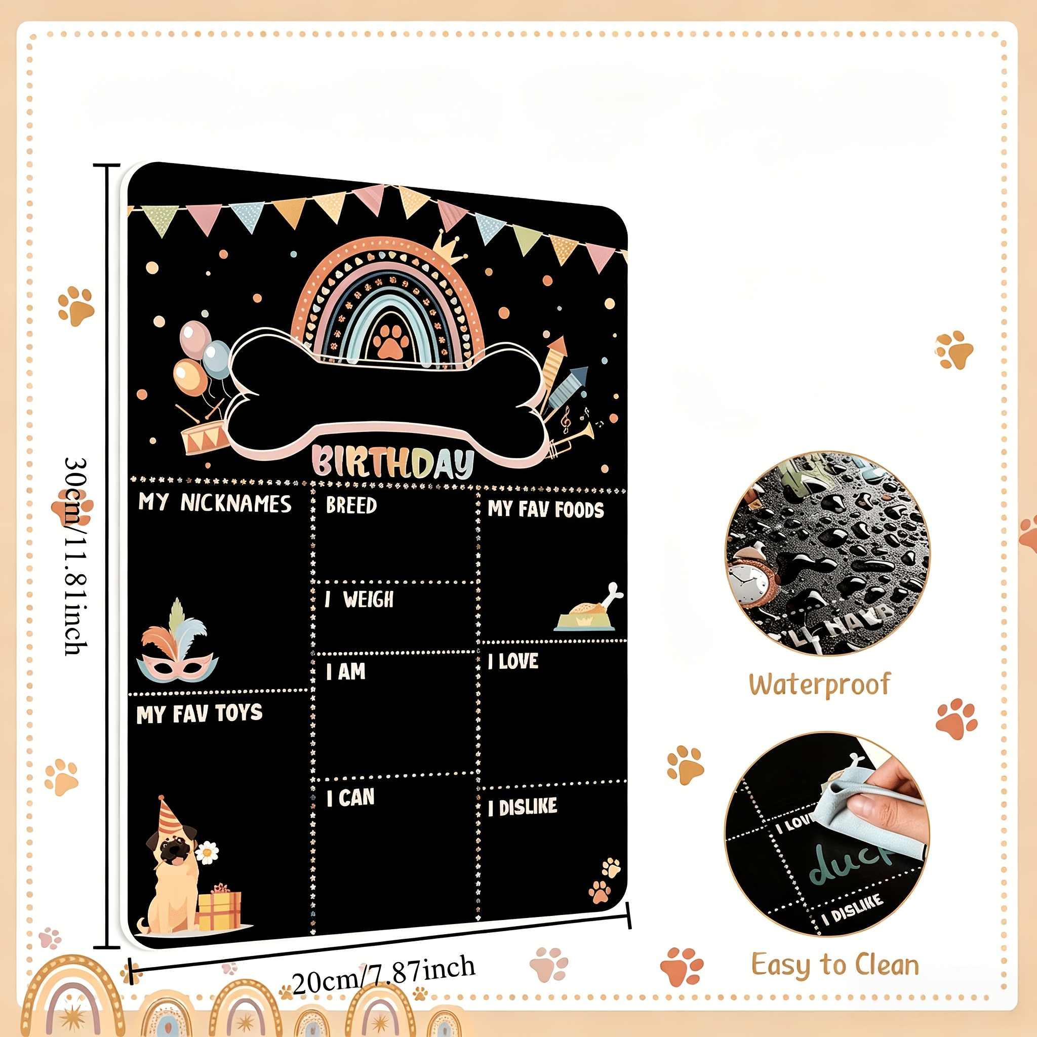 TEMU Accessoires Photo d'Anniversaire pour Chien Thème Bohème Noir Fournitures de Fête Étape pour Animal de Compagnie Panneau Noir Réutilisable et