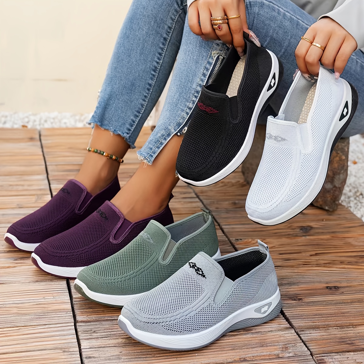 imagen del artículo zapatos cómodos sin cordones para mujer |  ,    , multicolor, parte superior y plantilla de tela para    ,   de pvc para    , zapatos de mujer