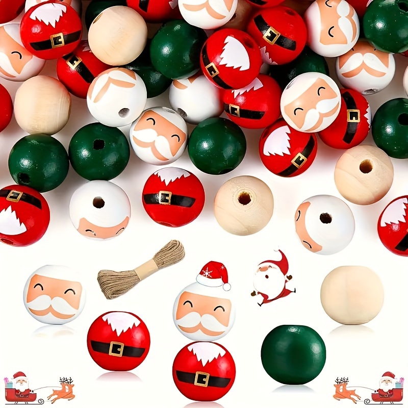 

40 Pcs Christmas Wooden Beads 20mm, Santa Claus Painted Wood Beads With Pre-drilled Hole For Diy Crafts, Jewelry Making, Garland, Holiday Party Decorations - Includes Jute Twine For Hanging