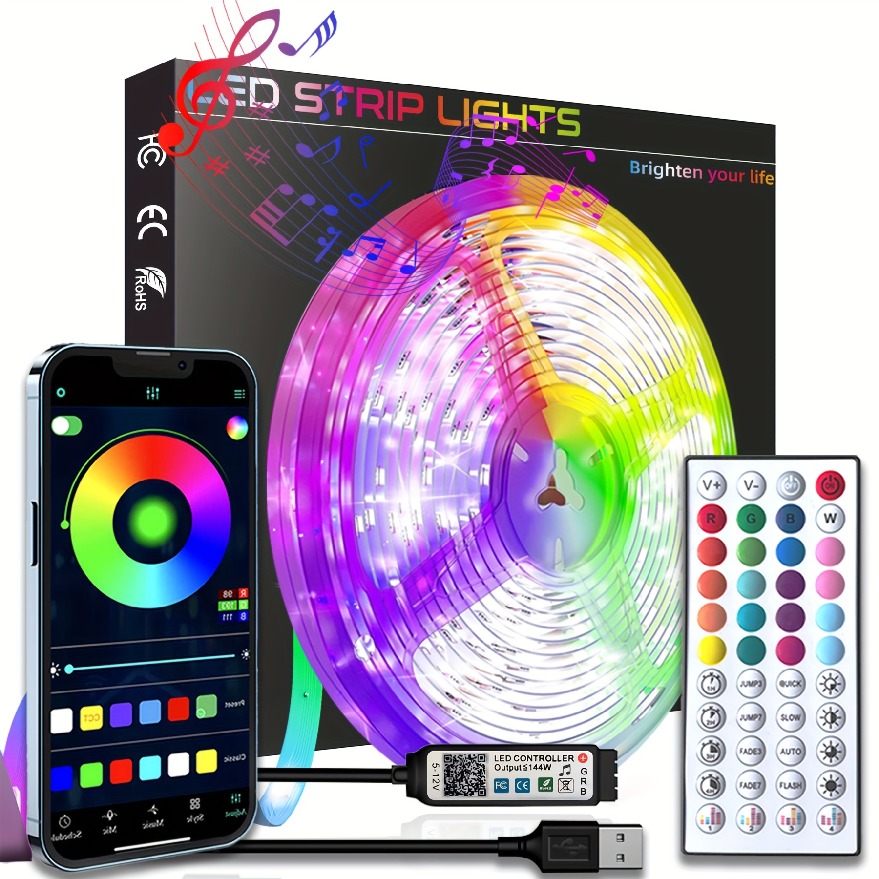 

1set Led Lights For Bedroom, 3ft-100ft Smart App Control Music Sync Color Changing Strip Lights With Remote And Timing, For Room Home Party Decoration