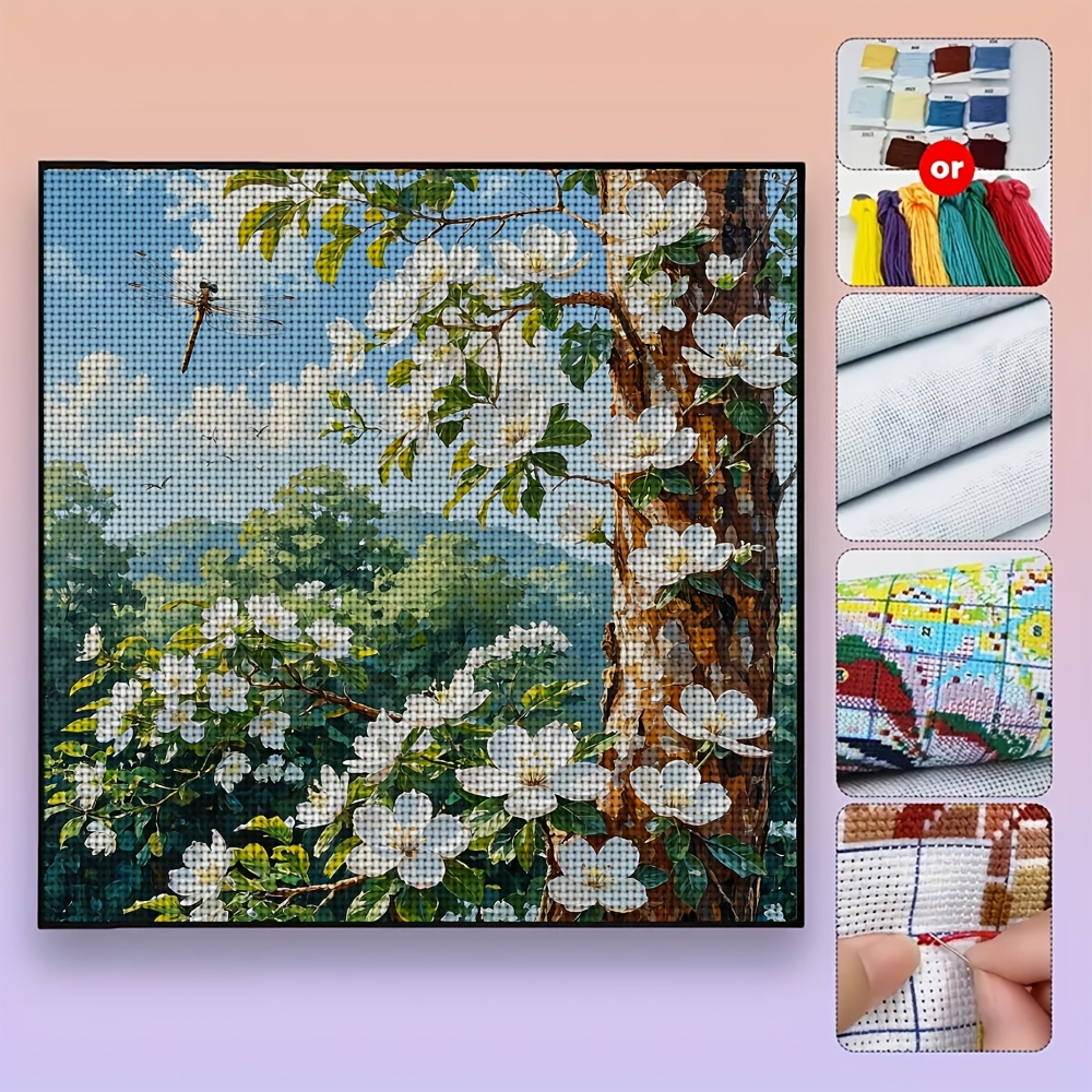 Frameless Stitch Printing Kit, White Flowers & Green Trees Design