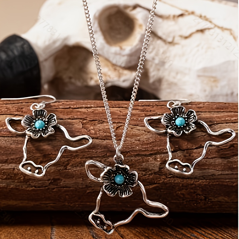 TEMU Parure de bijoux 3 pièces vache écossaise bohème - Collier et boucles d'oreilles avec pendentif vache Highland turquoise et bleue, plaqué pour