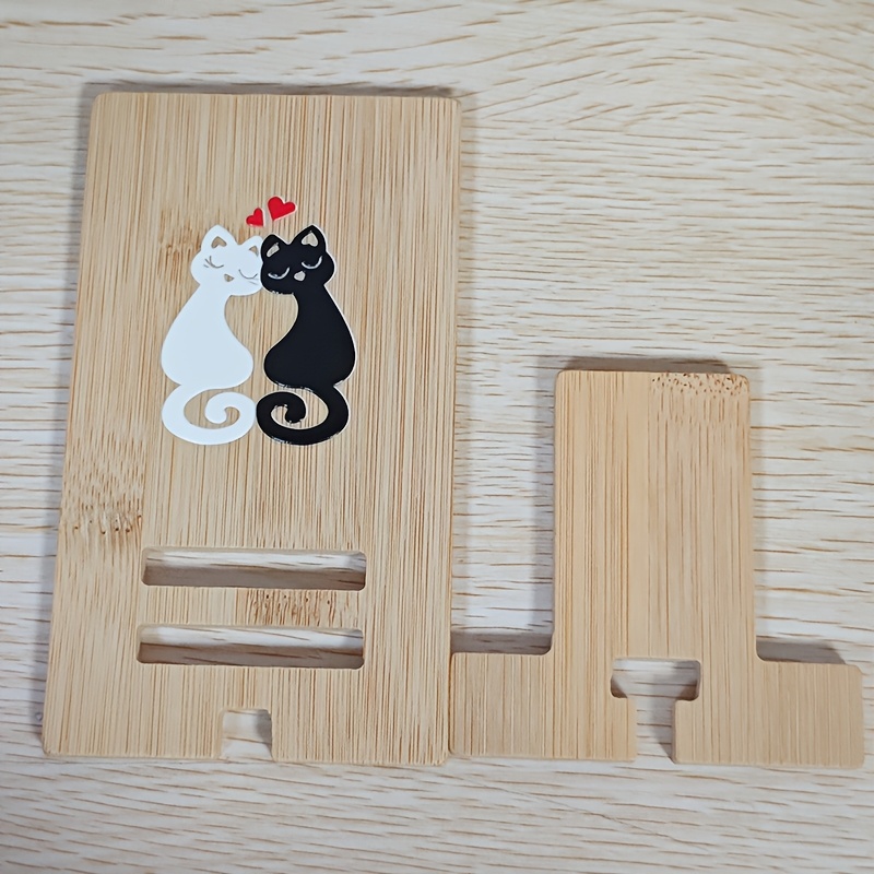 TEMU 【黒と白の猫デザイン】無垢材スマホホルダー（ベース付き装飾） ミニマリスト デスクトップ 木製スマホホルダー タブレットホルダー