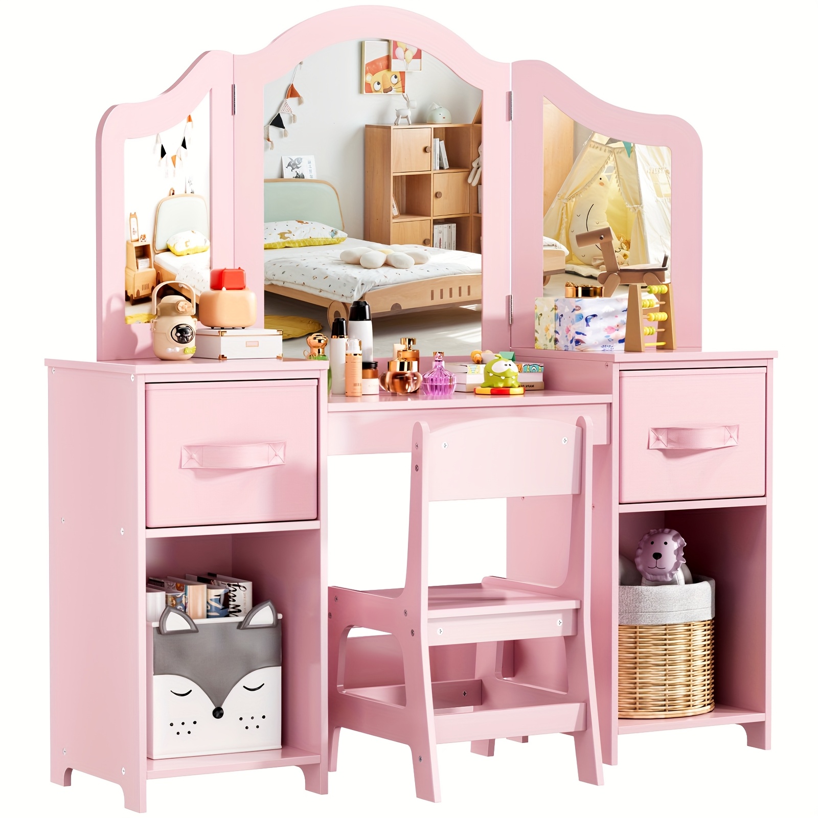 Dressing Table, Dressing Table And Dressing Chair, Bedroom Dressing Table, Dressing Table With Removable Mirror, 2 Fabric Drawers, Wooden Dressing Table, Birthday Gift, Christmas Gift,, 108x30x114cm