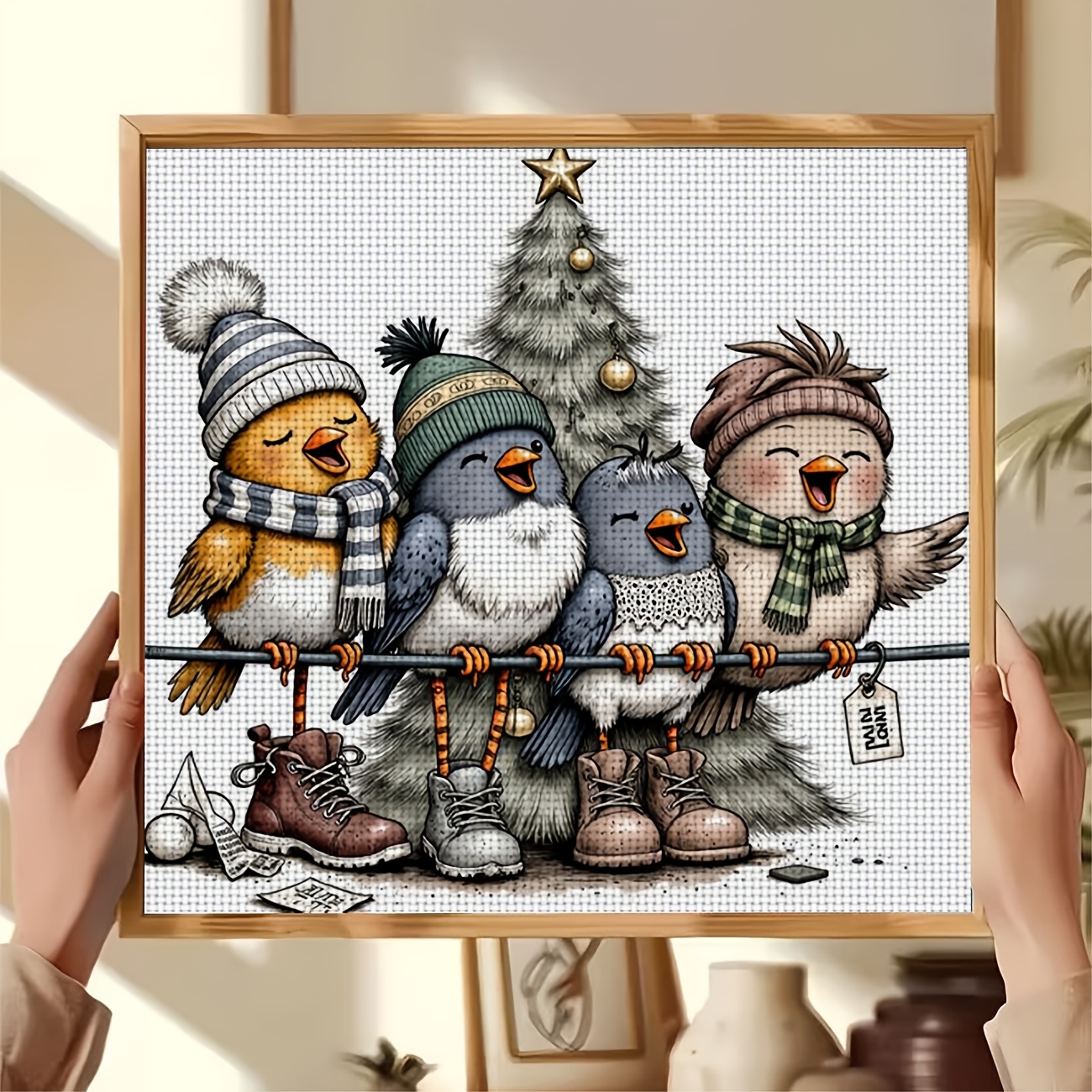 DIY Cross-Stitch Printed Kit, Unframed 'Birds Singing by the Christmas Tree' Design