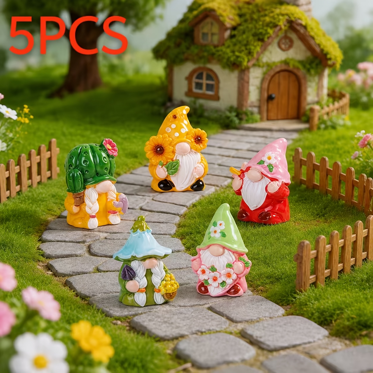 Image of 5pcs Spring Floral Gnome Figurines, Resin Faceless Dwarf Statues For Garden, Car Dashboard & Home Decor