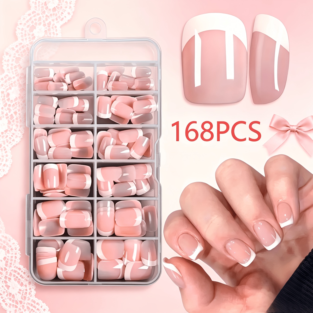 TEMU 1 Set de 168 uñas postizas cortas cuadradas rosas, 12 tamaños diferentes, empaque de juego completo, cubren todas las dedos. uñas postizas