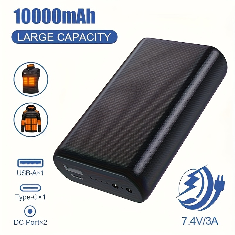 TEMU Pack de Batterie 7,4V 3A/5V 2A avec une Capacité de 10 000mAh, Power Bank Portable avec Entrée Type-C, Double Sorties et Une Sortie USB. Adapté