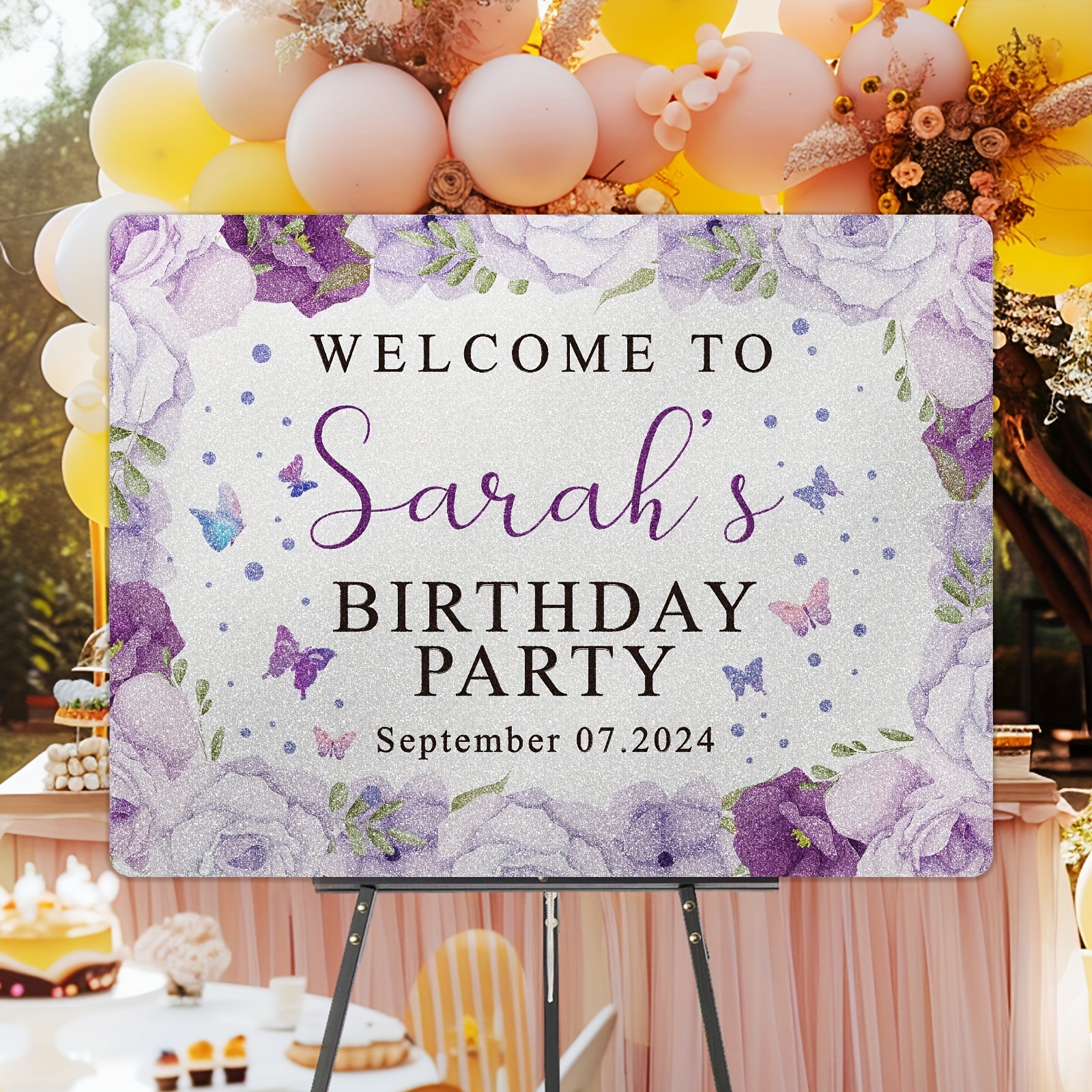 

Customizable Birthday Welcome Sign With Sparkling Silvery - Personalized Name & Date, Purple For Door Or Lawn Decor - Kids' Parties & Celebrations