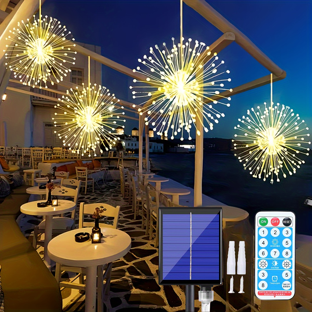

4 Pcs 800led Solar Starburst Sphere Lights, Firework Lights Remote Control Timer 8 Modes Dimmable Hanging Fairy Lights, Sparkly Lights For Patio Garden Tent Outdoor