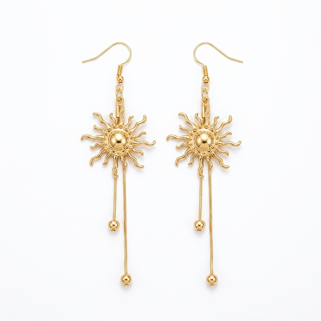 Golden Sun-Shaped Tassel Drop Earrings, Vintage Style