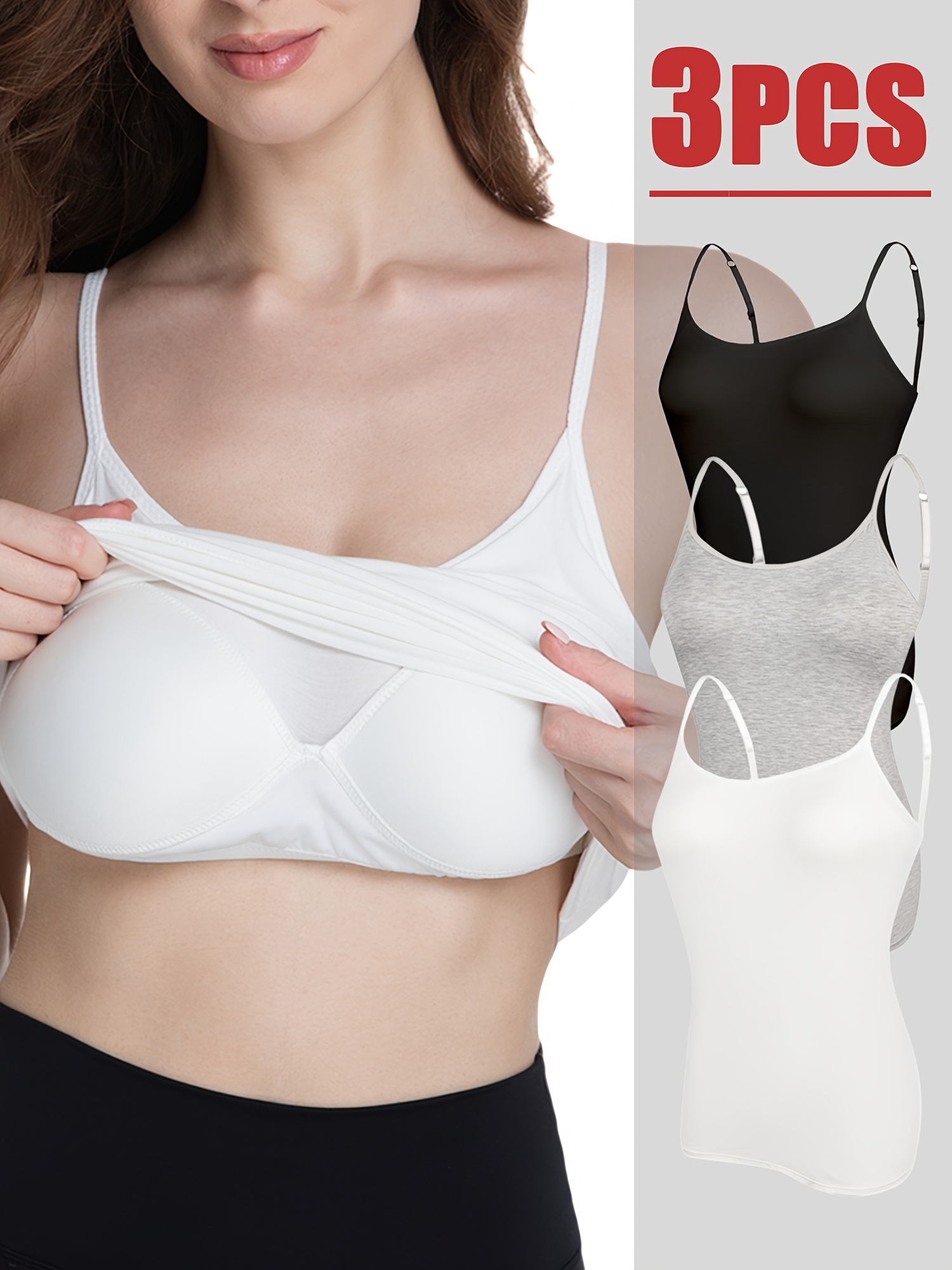 3pcs set womens camisole tops built in padded bra adjustable spaghetti straps sleeveless cami for casual daily loungewear black white gray